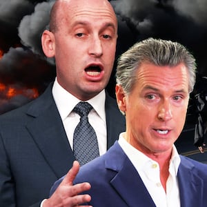 Gavin Newsom and Stephen Miller in front of a fire during the LA Ice protests