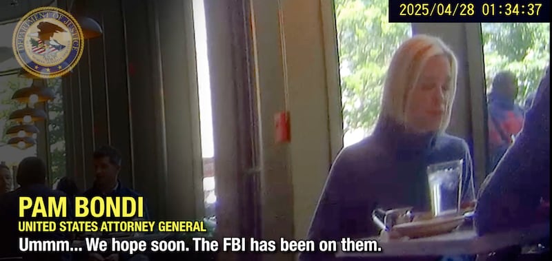 Still from video showing Pam Bondi talking about the Epstein files