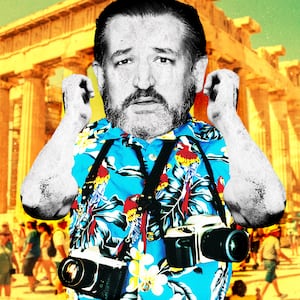 A photo illustration of Sen. Ted Cruz in marble and a Hawaiian shirt on vacation at the Parthenon in Athens, Greece.