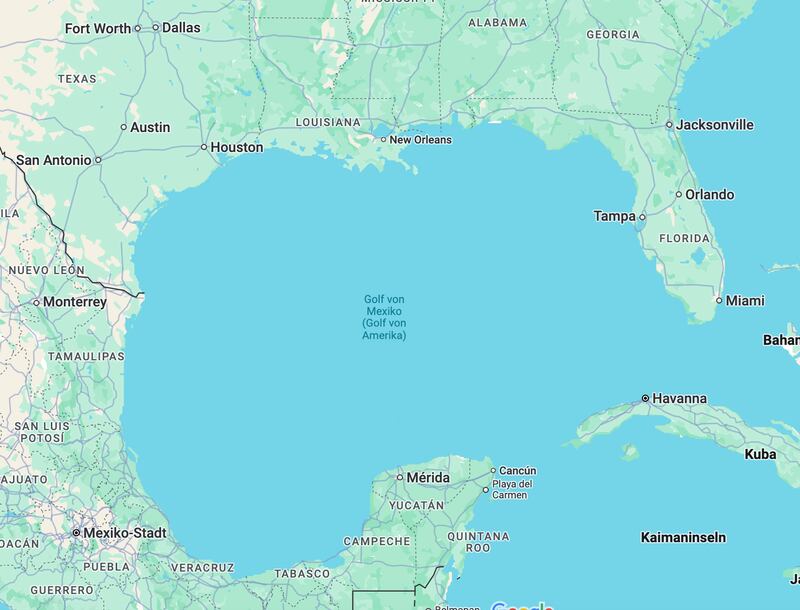 A Google Maps view of the Gulf of Mexico accessed by a German user shows the body of water is also displayed as the Gulf of America.