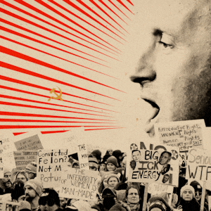 Photo illustrative gif of Stephen Miller in a traditional communist propaganda style with "woke" protestors and communist symbols coming out of his mouth