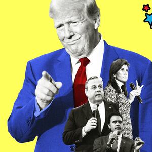 A photo illustration of Donald Trump towering over Vivek Ramaswamy, Nikki Haley, and Chris Christie