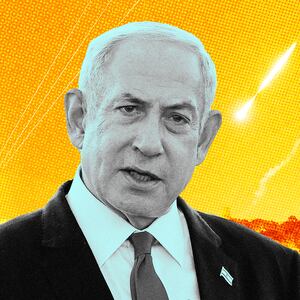 A photo illustration of Israel PM Benjamin Netanyahu and Iranian strikes on Israel.