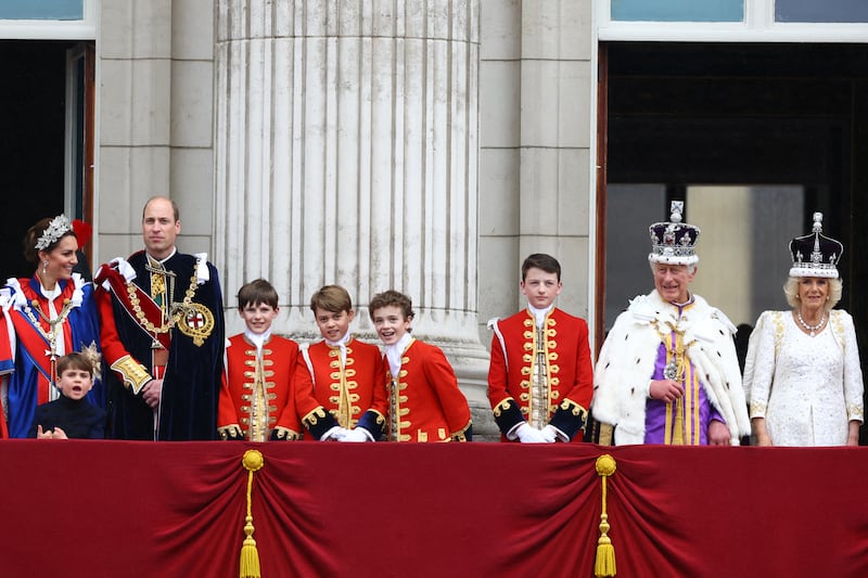 Prince William, Catherine, Princess of Wales, and their children Prince Louis and Prince George and Britain's King Charles stand on the Buckingham Palace balcony following Britain's King Charles' coronation ceremony in London, Britain May 6, 2023.