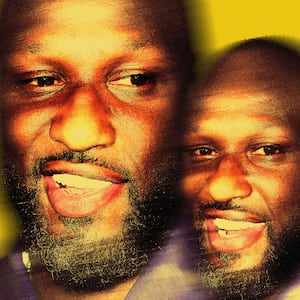 Photo illustration of two images of Lamar Odom blurred on a yellow background