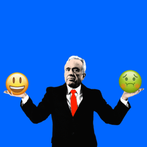 Robert F Kennedy, Jr holding up the happy emoji and the sick emoji