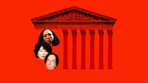 Photo illustration of the Supreme Court building with Sonja Sotomayor, Elena Kagan, and Ketanji Brown Jackson