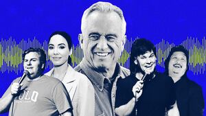 A photo illustration showing Robert F. Kennedy Jr., Theo Von, Whitney Cummings, Tim Dillon and Bobby Lee.