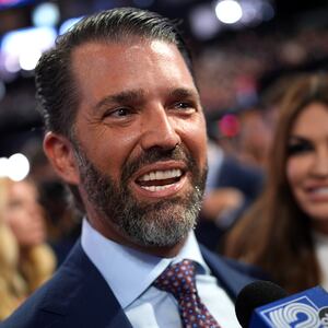 Donald Trump Jr., son of former U.S. President Donald Trump speaks to the media on the first day of the Republican National Convention at the Fiserv Forum on July 15, 2024 in Milwaukee, Wisconsin.