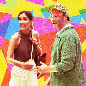 A photo illustration of Rose Byrne and Seth Rogen in "Platonic."