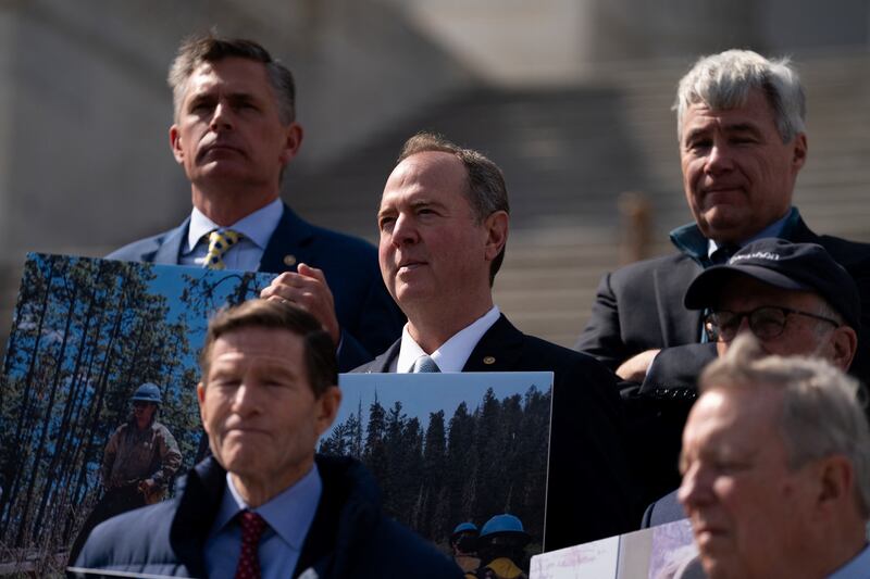 US Senator Adam Schiff, Democrat of California, attends a press conference outside the US Capitol ahead of President Donald Trump's joint address to Congress in Washington, DC, on March 4, 2025. (Photo by Allison ROBBERT / AFP) (Photo by ALLISON ROBBERT/AFP via Getty Images)