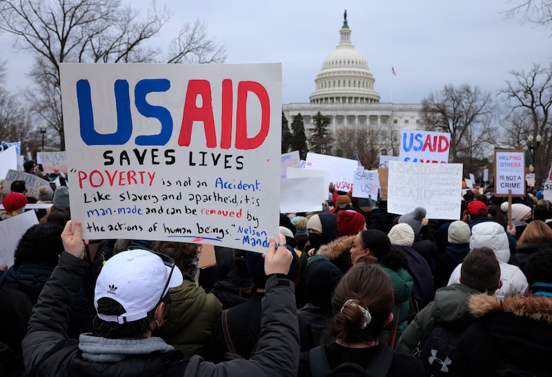 Supporters of the U.S. Agency for International Development (USAid) rally on the grounds of the U.S. Capitol last month.