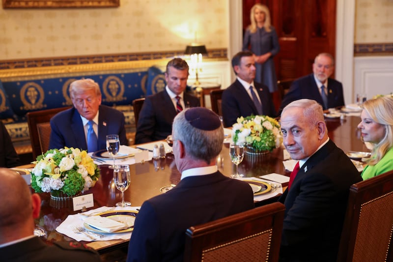 Donald Trump speaks during a dinner with Israeli Prime Minister Benjamin Netanyahu, with U.S. Defense Secretary Pete Hegseth in attendance.