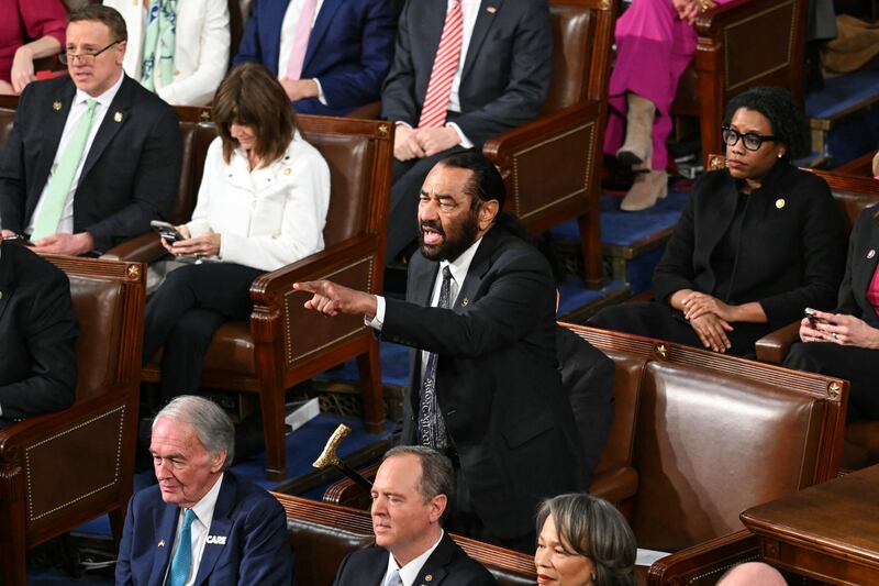US Representative Al Green (D-TX) shouts as US President Donald Trump speaks during an address to a joint session of Congress in the House Chamber of the US Capitol in Washington, DC, on March 4, 2025. (Photo by SAUL LOEB / AFP) (Photo by SAUL LOEB/AFP via Getty Images)