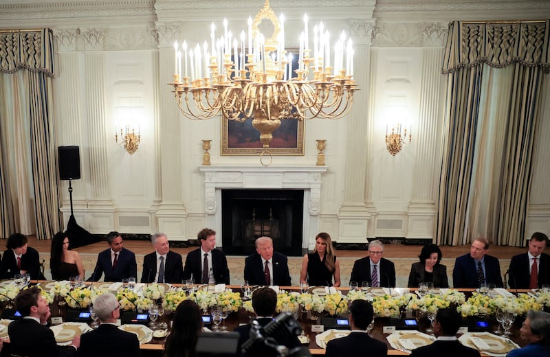 U.S. President Donald Trump hosts a private dinner for technology and business leaders in the State Dining Room at the White House in Washington, D.C., U.S., September 4, 2025.  REUTERS/Brian Snyder