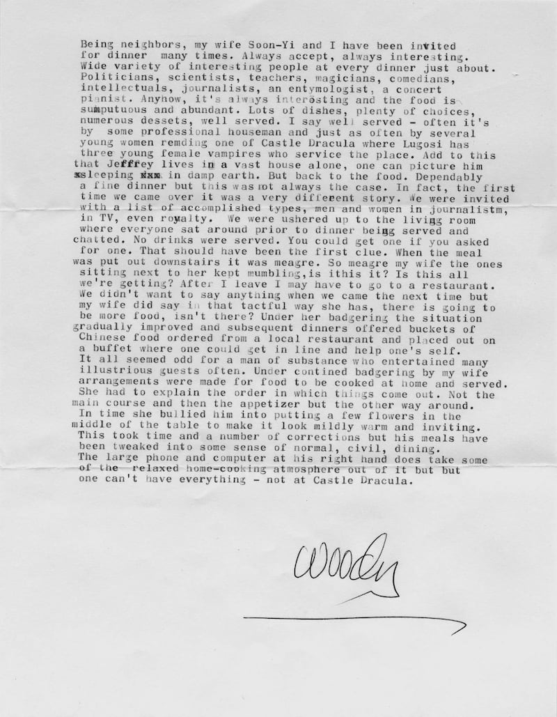 Woody Allen’s birthday letter to Jeffrey Epstein in 2016, as first revealed by The New York Times.