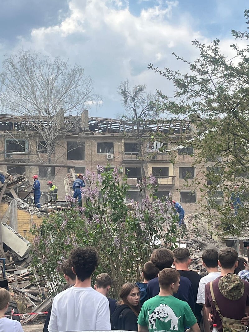 A bombed residential building in Kviv