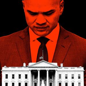 A photo illustration of Walt Nauta looking down behind the White House.