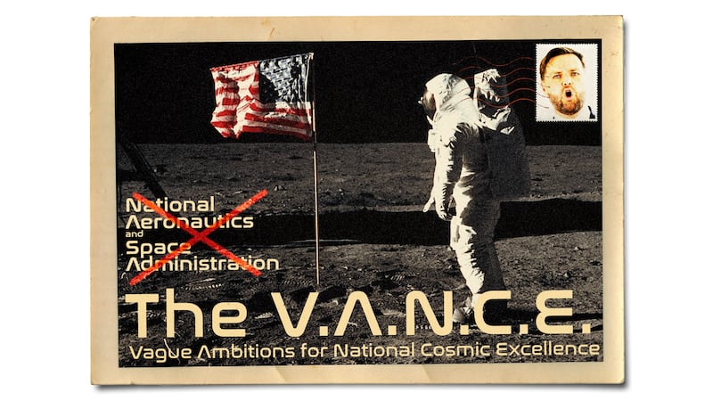 Vintage inspired postcard of the nasa moon landing being renamed "the vance: vague ambitions for national cosmic excellence"