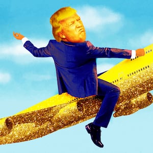 A photo illustration of President Donald Trump riding on top of a golden Boeing 747 plane in the sky.