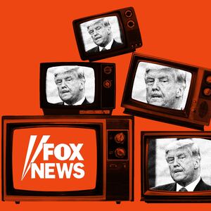 A photo illustration of TVs with images of Donald Trump and the Fox News logo.