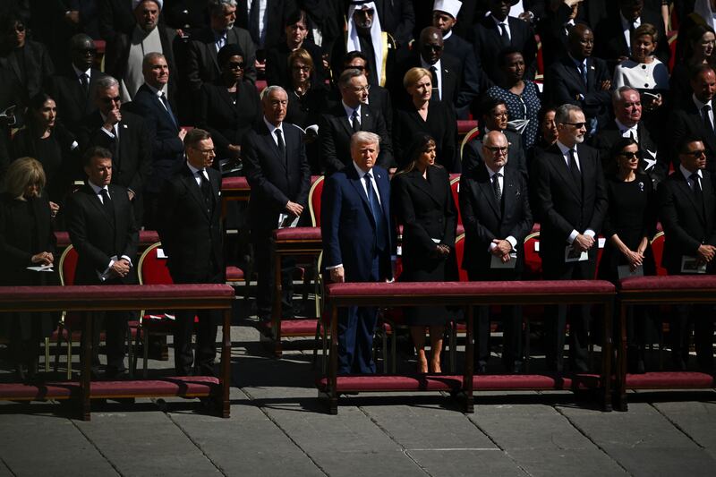 U.S President Donald Trump and first lady Melania Trump, Spain's King Felipe and Queen Letizia, French President Emmanuel Macron and first lady Brigitte Macron attend the funeral Mass of Pope Francis in St. Peter's Square at the Vatican, April 26, 2025.