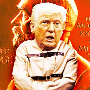 An animated GIF of President Donald Trump in front of the Nobel Prize with an animated swirl in the background.