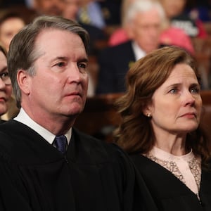 (L-R) U.S. Supreme Court Justice Elena Kagan, Supreme Court Chief Justice John Roberts and Amy Coney Barrett attend U.S. President Donald Trump's address to a joint session of Congress at the U.S. Capitol on March 04, 2025 in Washington, DC.