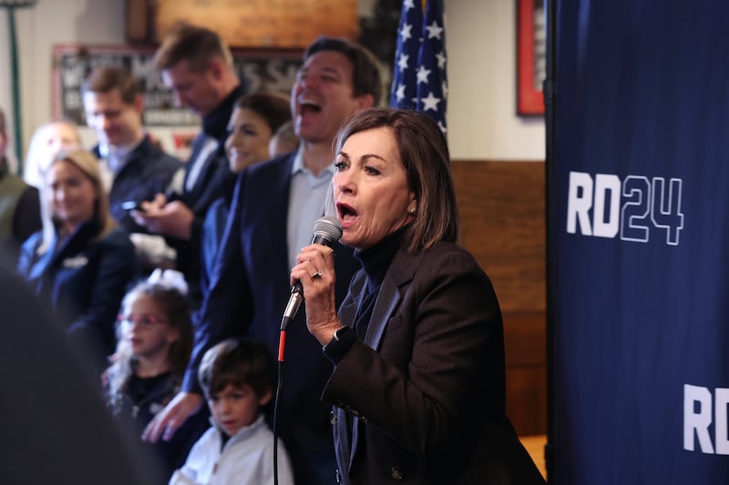 Iowa Gov. Kim Reynolds introduces Ron DeSantis during a campaign event.