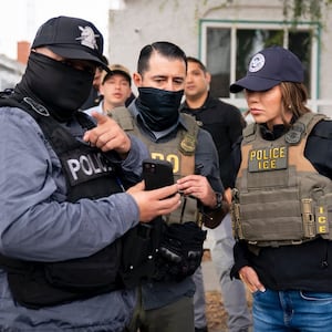 US Homeland Security Secretary Kristi Noem joins ICE operation as she accompanies numerous federal agents raid in Huntington Park, in Los Angeles, California on June 12, 2025.
