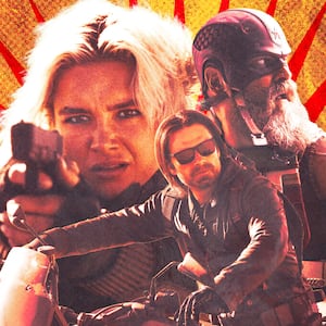 A photo illustration of Florence Pugh, Sebastian Stan, David Harbour in Thunderbolts.