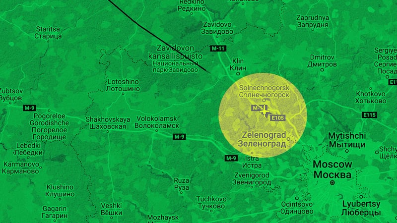 Map of Tver region in Russia marked with site of plane crash.