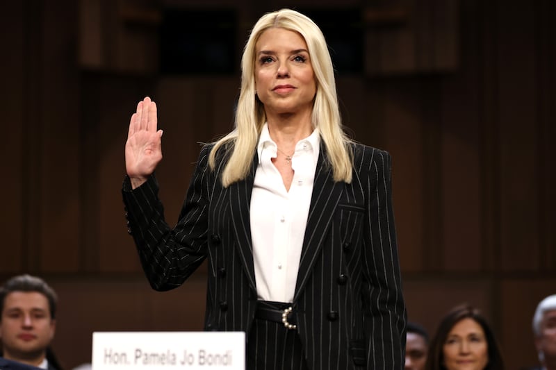 Pam Bondi is sworn in to testify before the Senate Judiciary Committee during her confirmation hearing for U.S. Attorney General in the Hart Senate Office Building on Capitol Hill on January 15, 2025