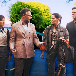 A photo illustration of Chase Sui Wonders, Seth Rogen, Kathryn Hahn, and Ike Barinholtz.