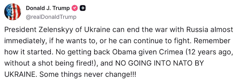 President Trump addresses Zelensky on Truth Social.