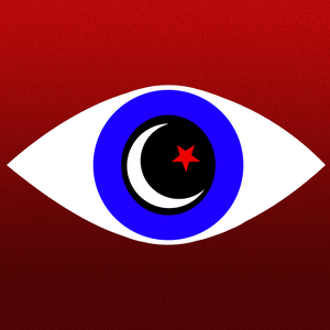 A photo illustration showing a Orwellian eye with a Star and Crescent symbol from Islam.