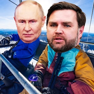 JD Vance, Vladimir Putin on a ski lift, illustration