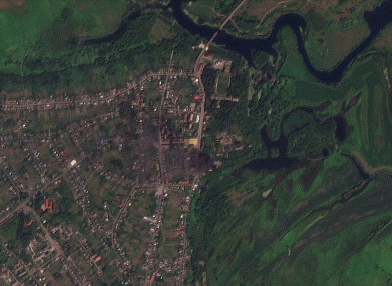 View of smoke rising from buildings that were purportedly struck by Ukrainian forces, amid their ongoing incursion, in Glushkovo, Kursk region, Russia August 21, 2024.