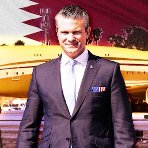A photo illustration of Sec Def Pete Hegseth standing in front of a glowing Qatari jetliner gifted to President Donald Trump from Qatar.