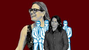 A photo illustration of Kyrsten Sinema, Tulsi Gabbard and bodyguards.