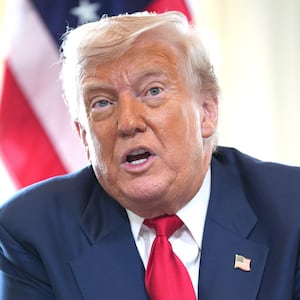 U.S. President Donald Trump talks to the media as he meets with British Prime Minister Keir Starmer (not pictured) at Trump Turnberry golf club on July 28, 2025 in Turnberry, Scotland.