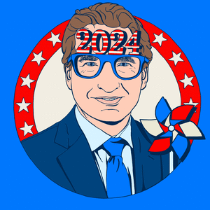 Illustrated gif of Dean Phillips wearing 2024 glasses and a pinwheel turning