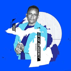 A photo illustration featuring Hill Harper with outlines of Michigan and the phrase “proof of residence” overlayed.
