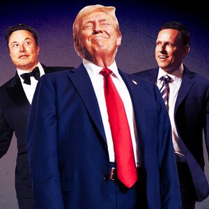  A photo illustration of Elon Musk, Donald Trump, and Peter Thiel.