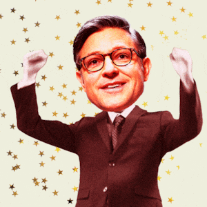 Mike Johnson dance celebrating on a beige background with gold stars