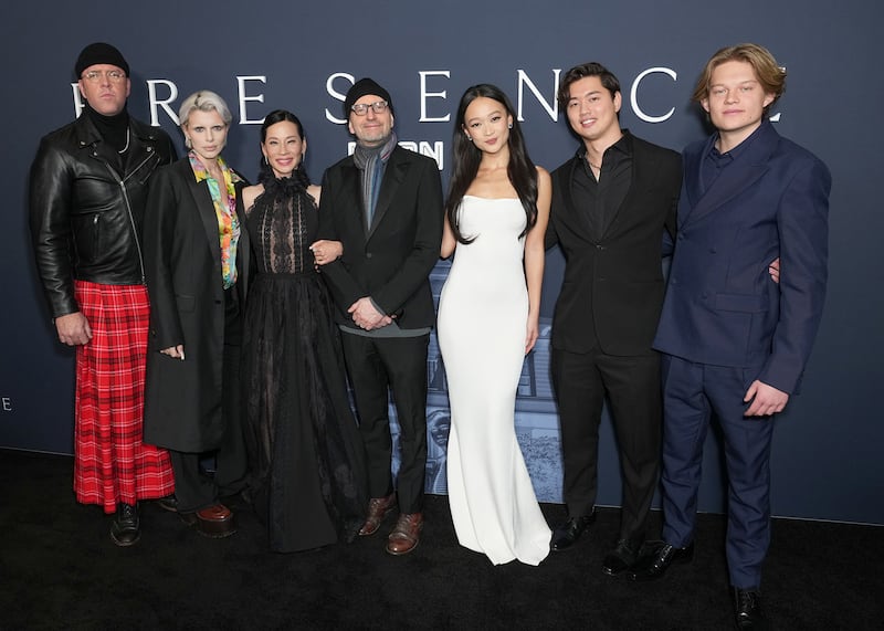 Chris Sullivan, Julia Fox, Lucy Liu, Steven Soderbergh, Callina Liang, Eddy Maday, West Mulholland at the "Presence" New York Premiere held at AMC Lincoln Square on Jan. 16, 2025 in New  York, New York.