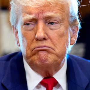 President Donald Trump reacts to a question during a Cabinet meeting at the White House on April 30, 2025 in Washington, D.C.