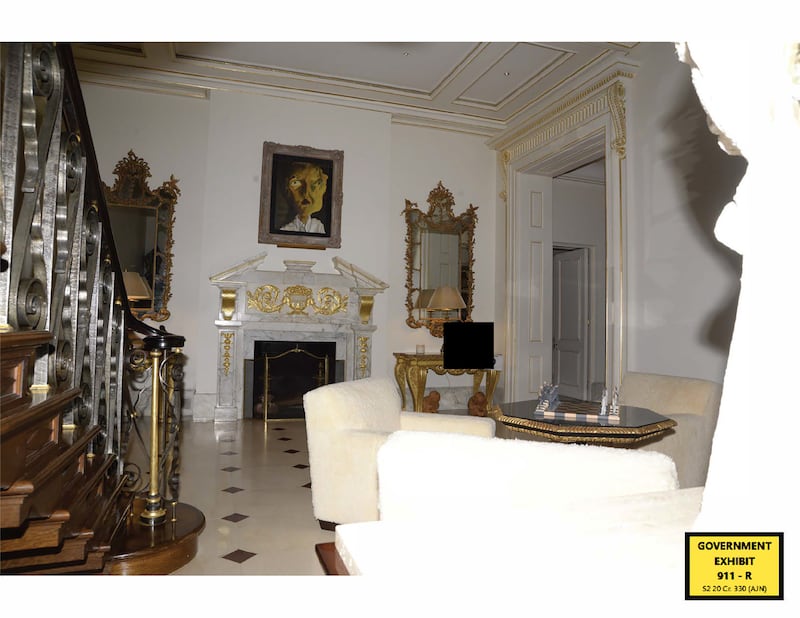 A parlor in Jeffrey Epstein’s mansion. Manhattan Federal Ghislaine Maxwell trial evidence exhibits. Jeffrey Epstein's UES New York City home. Police raid images.