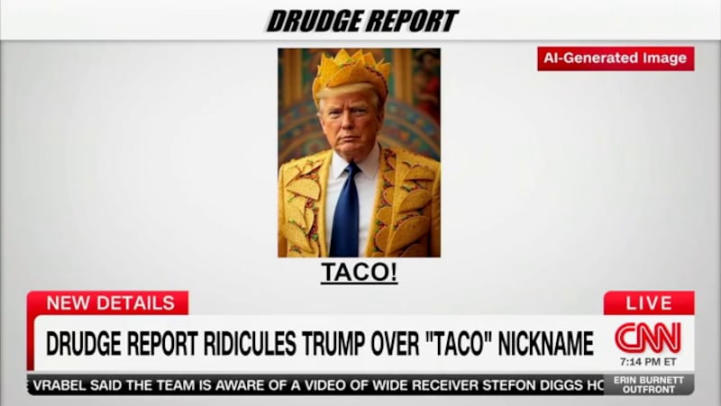 The Drudge Report posted an AI-generated picture of Trump wearing a suit and hat made of taco's on their homepage.