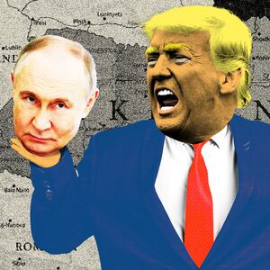 Donald Trump holding Vladimir Putin's head in his hand looking angry with a map of Ukraine and the surrounding area behind him